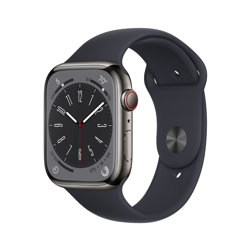 Apple Watch Series 8 GPS + Cell 45mm Graphite Stainless Steel Case w/ Midnight Sport Band - S/M - MNW13LL/A